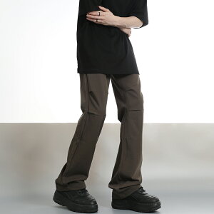 黑衣ASHDARK 小眾設計感褶皺休閑褲男美式微喇叭顯瘦寬鬆直筒長褲
