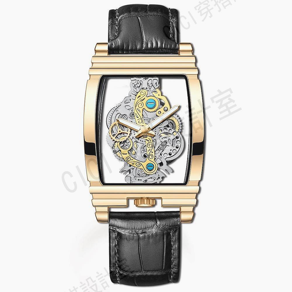 時尚酒桶表 夜光防水手錶 機車齒輪條形鏤空石英錶 陀飛輪真皮手錶男生 潮流酒桶型男錶【亞德機械五金家居】 5