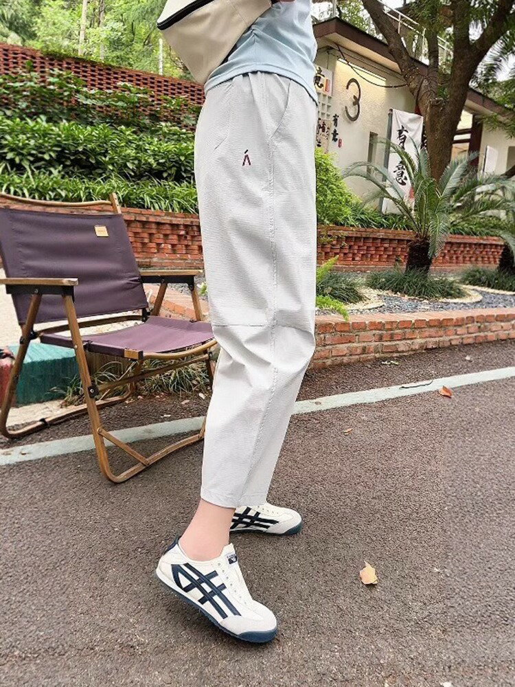 速乾運動休閒褲女夏季薄款大碼胖mm寬鬆顯瘦高腰九分冰絲哈倫褲子